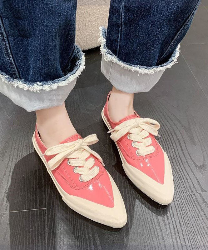 Pink Faux Leather Flat Shoes For Lace Up Splicing Pointed Toe