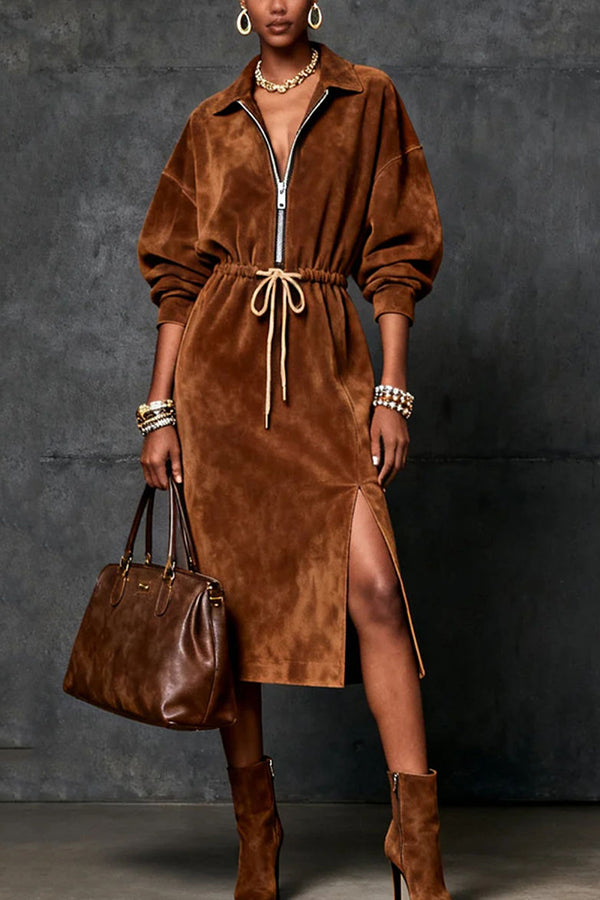 Suede Lapel Zipper Waist Tie Casual Midi Dress
