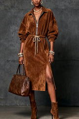 Suede Lapel Zipper Waist Tie Casual Midi Dress