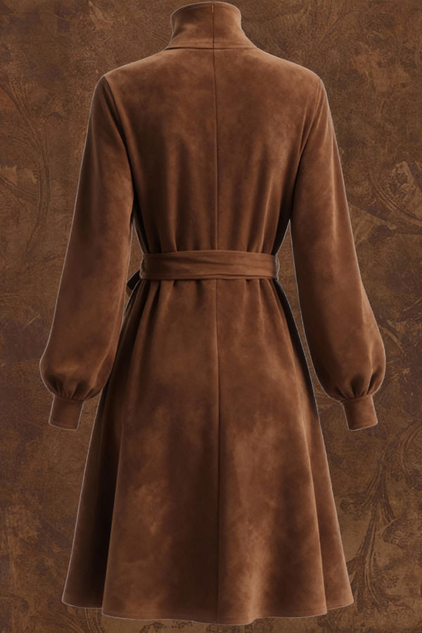 Suede Turtleneck Long-sleeved Tie-waist Casual Mini Dress