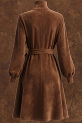 Suede Turtleneck Long-sleeved Tie-waist Casual Mini Dress