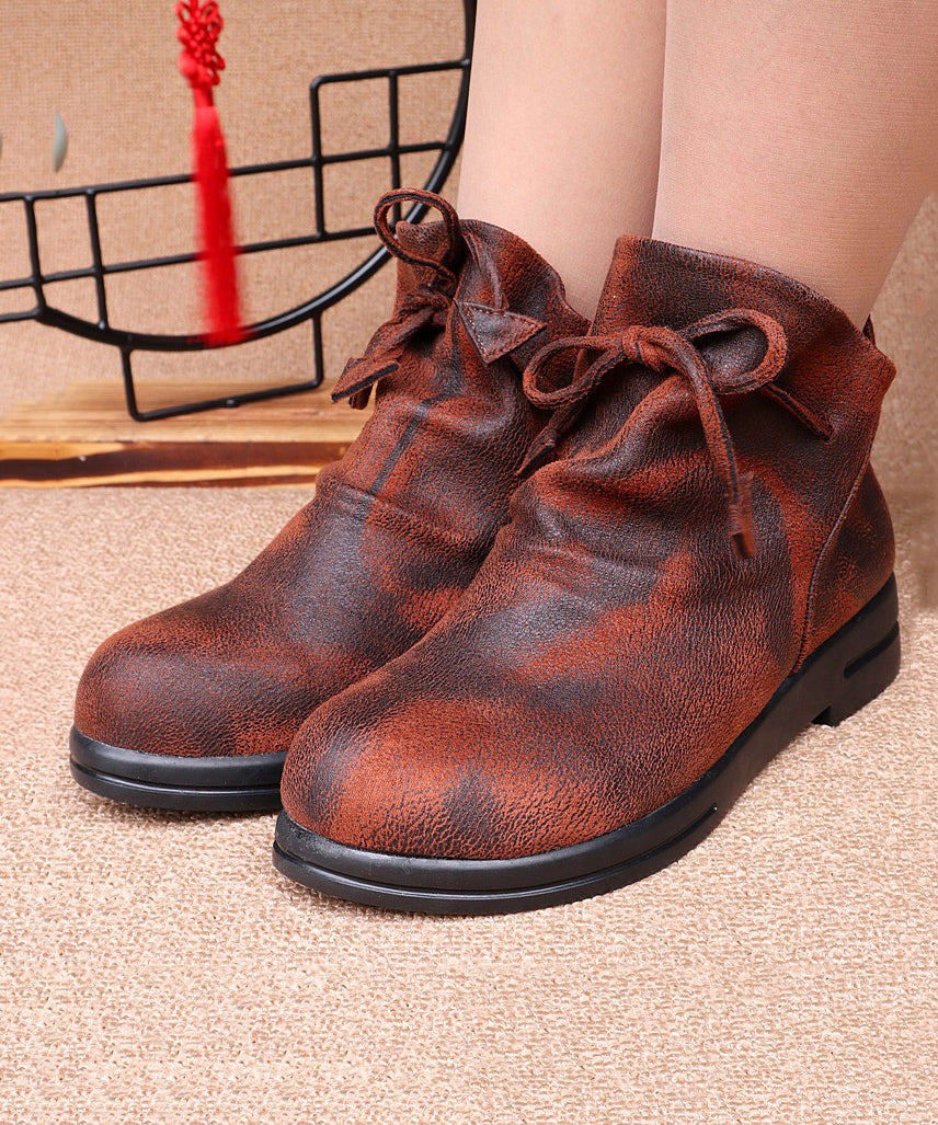 Camel Cotton Fabric Splicing Lace Up Flat Boots