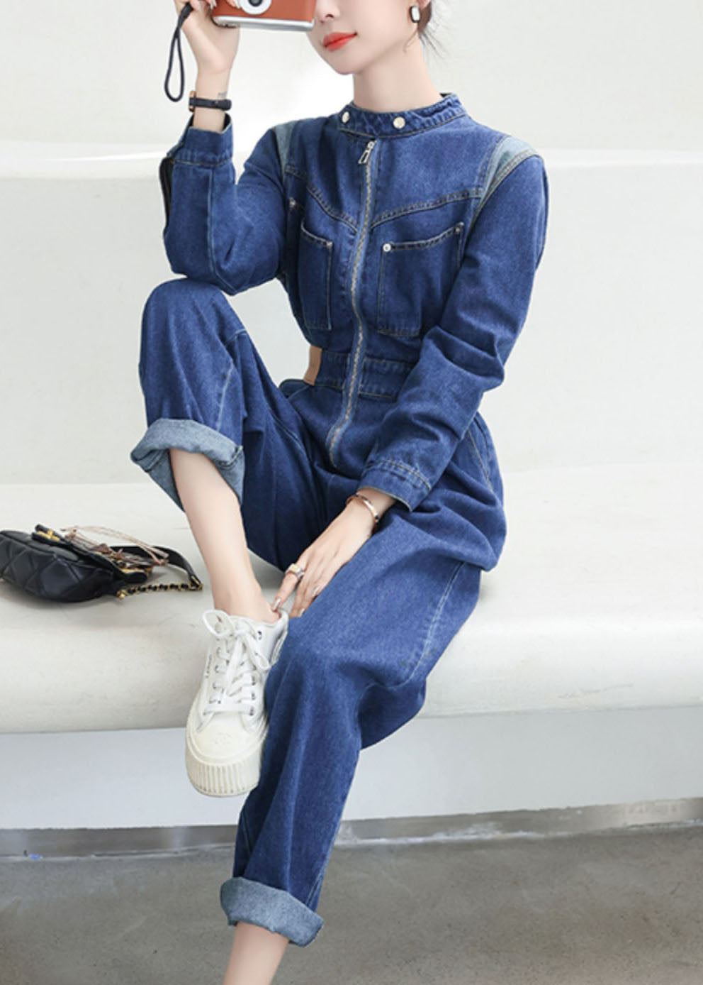 Natural Dark Blue O-Neck Patchwork Flattering Denim Jumpsuit Fall