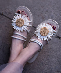 Beige Faux Leather Floral Splicing Slide Sandals