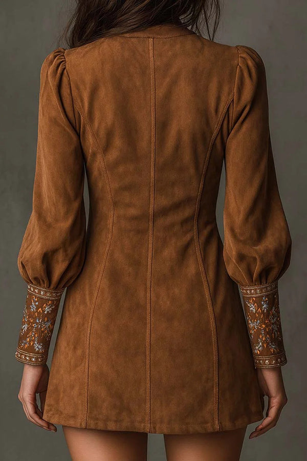 Suede Embroidered V-neck Long-sleeved Slim-fit Mini Dress