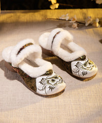 Red Slippers Shoes Embroidery Fuzzy Wool Lined