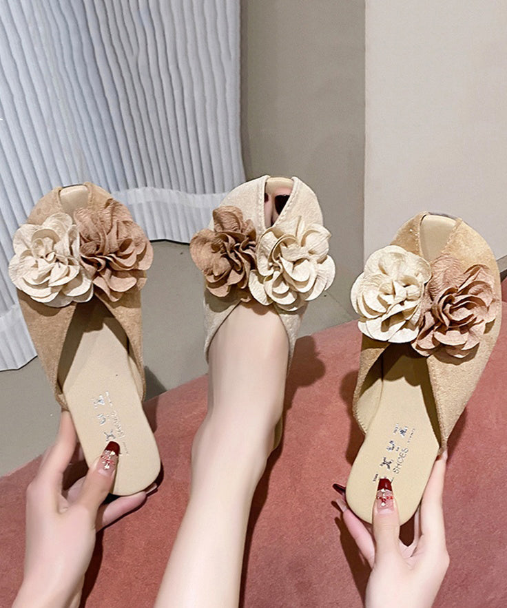 Khaki Suede Floral Splicing Slide Sandals