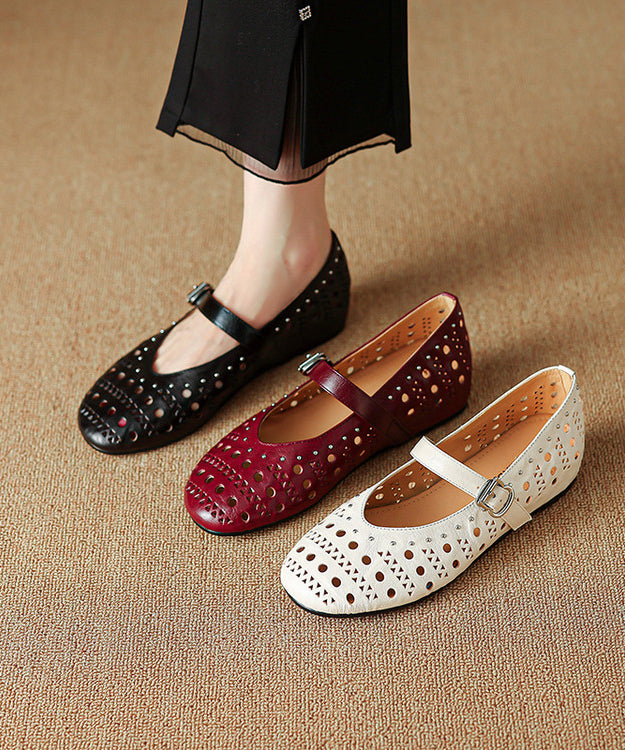 Handmade Buckle Strap Splicing Wedge Shoes Black Sheepskin Hollow Out