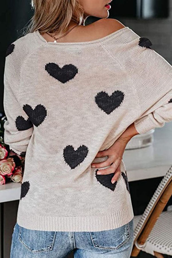 Color-blocked Heart-patterned Long-sleeved Loose Knit Sweater