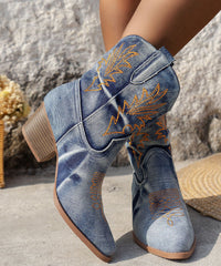 Art Blue Embossed Boots Splicing Chunky Cowboy Boots