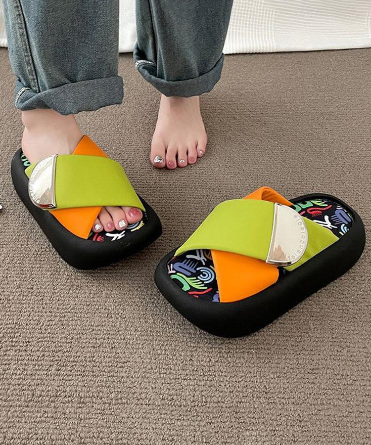 Pink Green Platform Faux Leather Splicing Slide Sandals