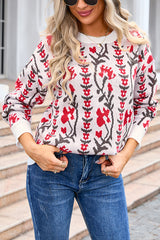 Floral Knitted Crew Neck Casual Sweater