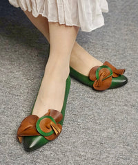 Comfy Green Cowhide Leather Pointed Toe Splicing Flat Shoes