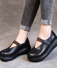 Buckle Strap High Wedge Heels Shoes Black Cowhide Leather