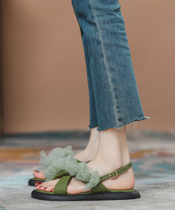 Green Peep Toe Strap Tulle Splicing Genuine Leather Sandals