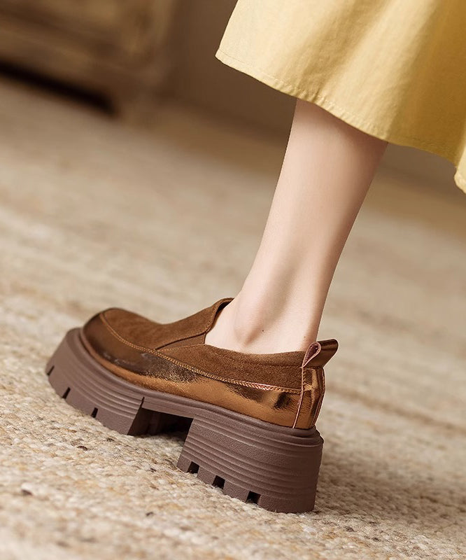 Brown Cowhide Leather Loafer Shoes Splicing Platform