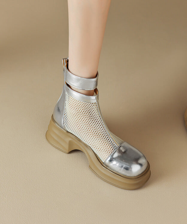 Silk Chunky Cowhide Leather Breathable Mesh Splicing Boots