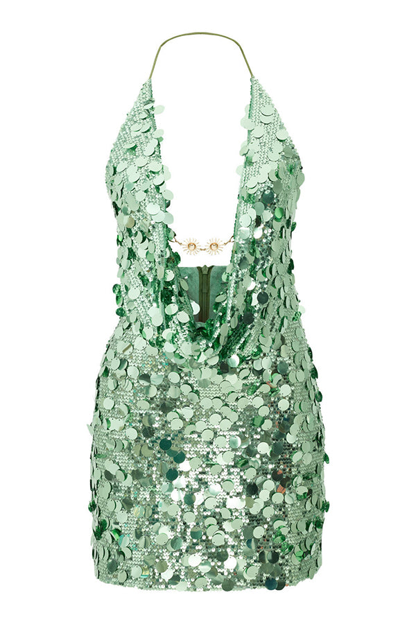 Halter Neck Sequined Open Back Mini Dress