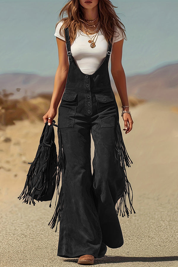 Suede Tassel Button Pocket Casual Wide-leg Overalls
