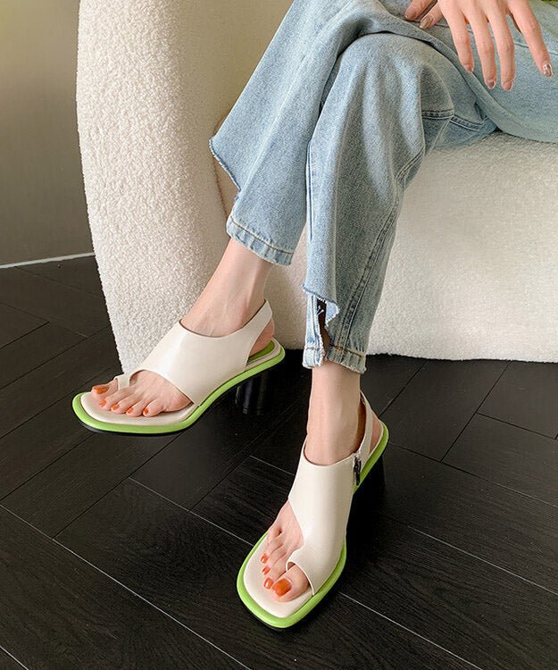 Black Chunky Heel Cowhide Leather Toe Covering Sandals