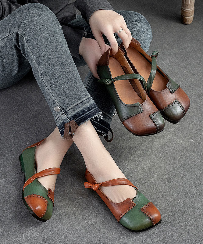 Brown Flats Cowhide Leather Splicing Flat Feet Shoes