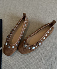 Brown Suede Floral Rivet Splicing Flat Shoes For Women