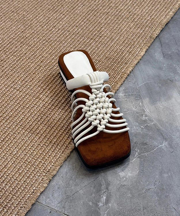 Beige Cowhide Leather Splicing Hollow Out Slide Sandals Peep Toe