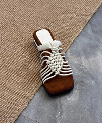 Beige Cowhide Leather Splicing Hollow Out Slide Sandals Peep Toe