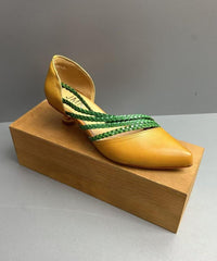 Brown Cowhide Leather Splicing Kitten Sandals Pointed Toe