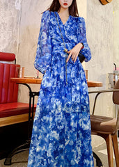 French Blue V Neck Print Flattering Maxi Dress Spring