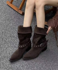 Coffee Suede Splicing Chunky Boots Pointed Toe