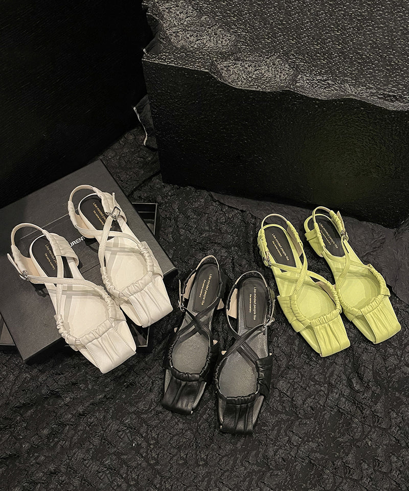 Green Hollow Out Flat Sandals Sheepskin Stylish Splicing