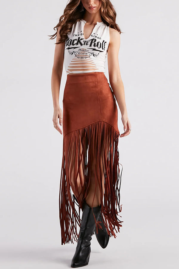 Tassel Hem Slim-fit Suede Casual Midi Skirt