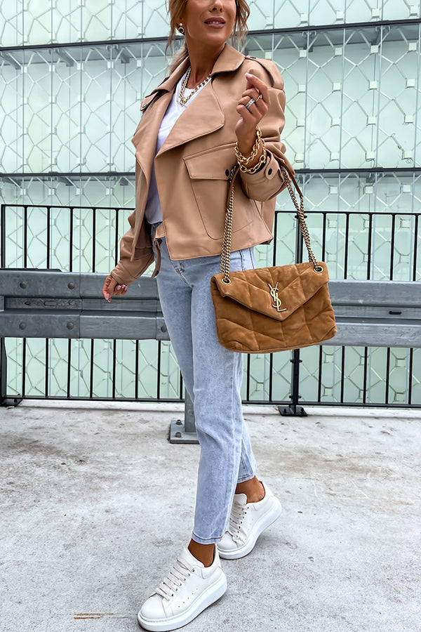 Leather Lapel Pocket British Style Cropped Jacket