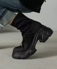 Brown Breathable Mesh Splicing Cowhide Leather Platform Boots