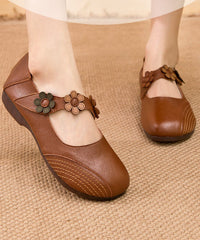 Boho Buckle Strap Flat Shoes For Apricot Floral Cowhide Leather