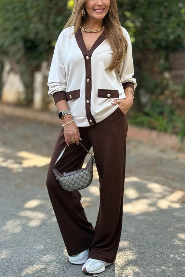 Color-blocked V-neck Knitted Button-down Cardigan and Elastic Waist Casual Wide-leg Pants Set