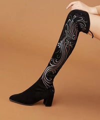 Retro Black Embroidered Chunky Knee Boots
