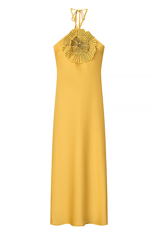 Beaded Large Flower Decoration Halter Neck Backless Maxi Dress