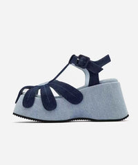 Blue Wedge Denim Fabric Splicing Hollow Out Sandals