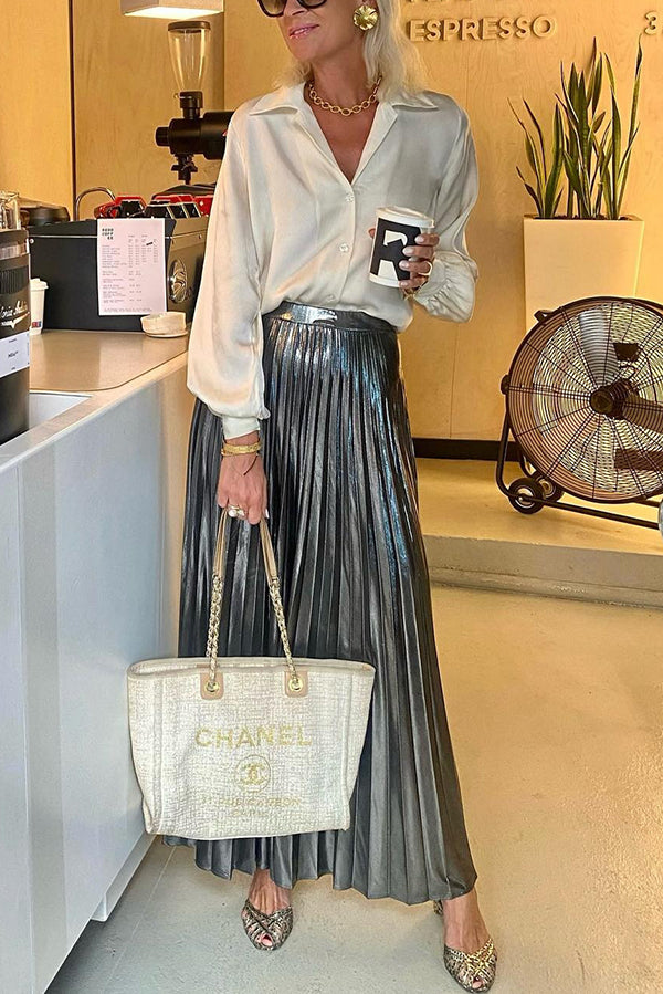 Metallic Pleated Back Elastic Waist Maxi Skirt