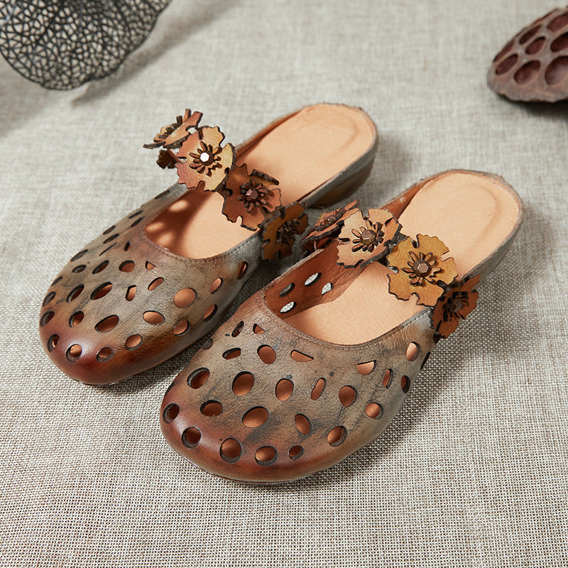 Vintage Floral Hollow Leather Slippers