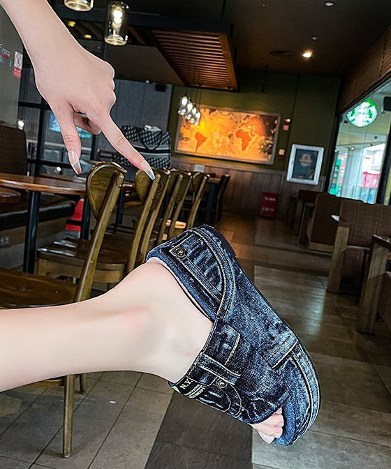 Blue Denim Wedge Slide Sandals Peep Toe
