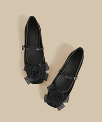 DIY Floral Buckle Strap Splicing Flat Feet Shoes Black Suede