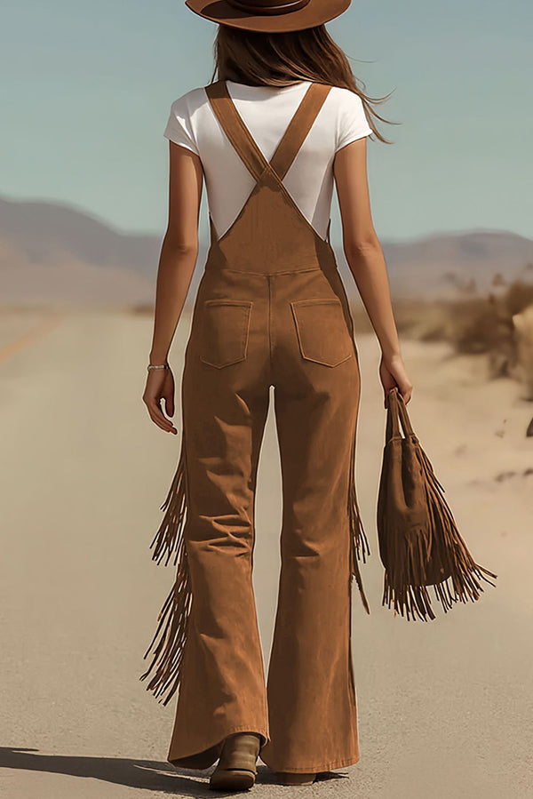 Suede Tassel Button Pocket Casual Wide-leg Overalls
