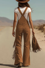 Suede Tassel Button Pocket Casual Wide-leg Overalls