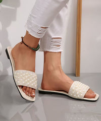 Elegant Splicing White Faux Leather Nail Bead Slide Sandals