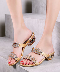 Women Splicing Chunky Gold Zircon Slide Sandals Peep Toe