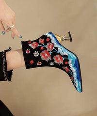 Black Flower Embroidered Pointed Toe Short Boots
