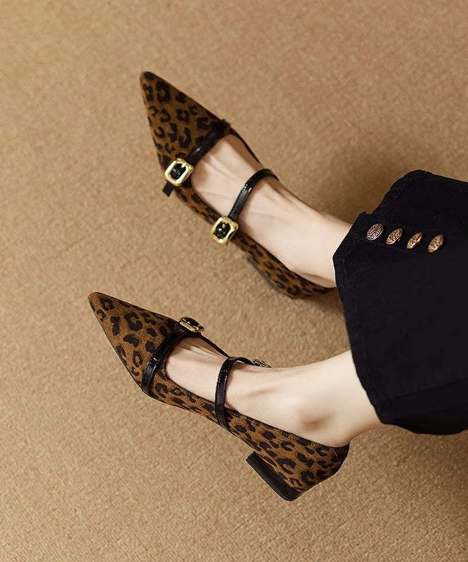 French Leopard Suede Flats Shoes Buckle Strap Pointed Toe